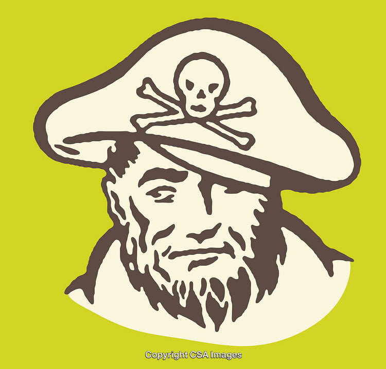 Vintage Line Art Illustration of a Pirate with Skull Hat
