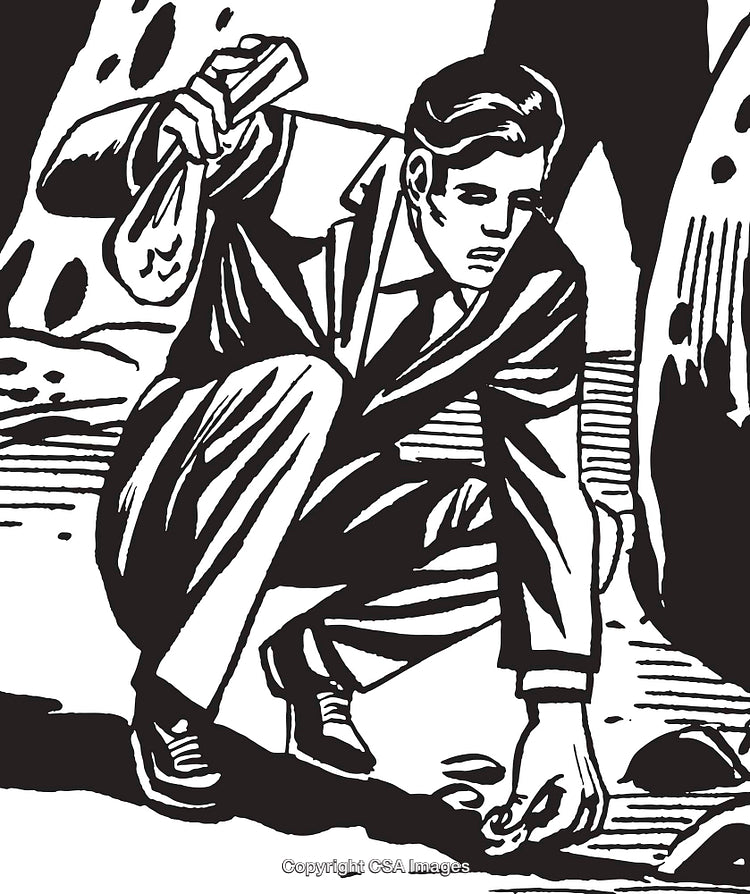Vintage Illustration of Man Crouching and Picking Something on the Ground
