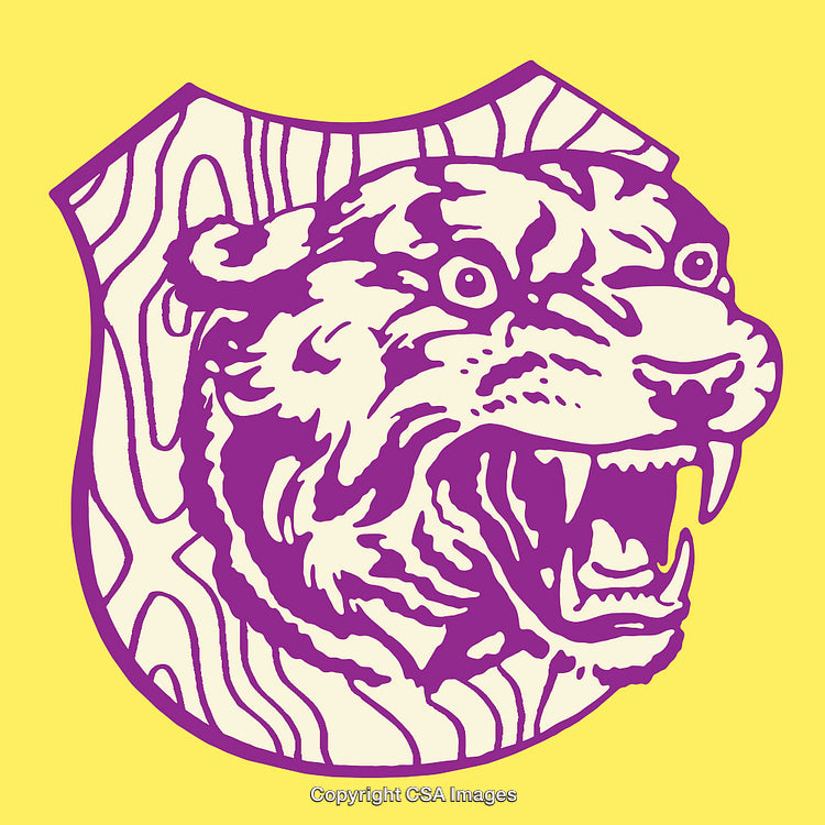 Vivid Purple Tiger Head on Yellow Shield Background Art