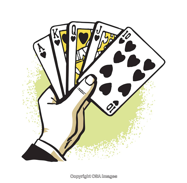 Colorful Illustration of A Hand Holding a Poker Royal Flush