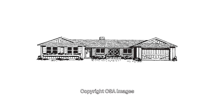 Black and White Line Art Illustration of a Ranch Style House