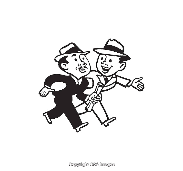 Retro Line Art of Two Men Walking Together in Hats and Suits