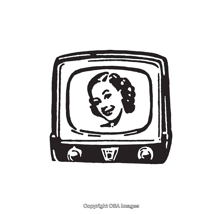 Vintage Television with Smiling Woman in Retro Line Art Style