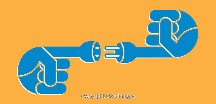 Blue Hands Representing Connection and Disconnection on Orange Background