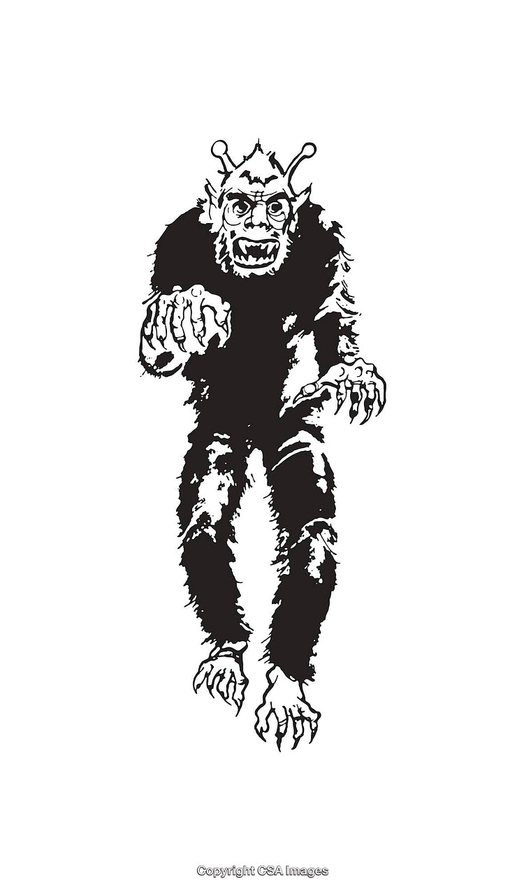 Black and White Illustration of a Fierce Alien Creature with Monstrous Features