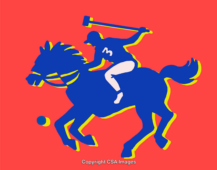Colorful Polo Player Illustration Featuring Dynamic Line Art Style on Red Background
