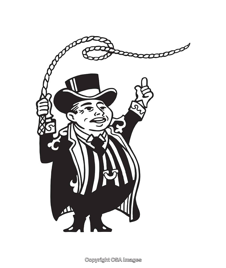 Black and White Illustration of a Circus Ringmaster Holding a Whip