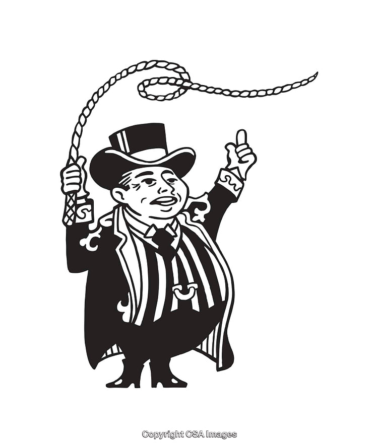 Black and White Illustration of a Circus Ringmaster Holding a Whip