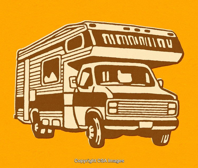 Retro Illustration of a Camper Van on a Vibrant Yellow Background