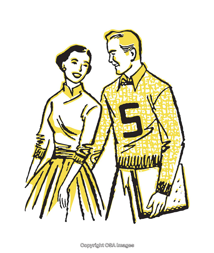 Retro Illustration of College Couple in Cheerful Conversation