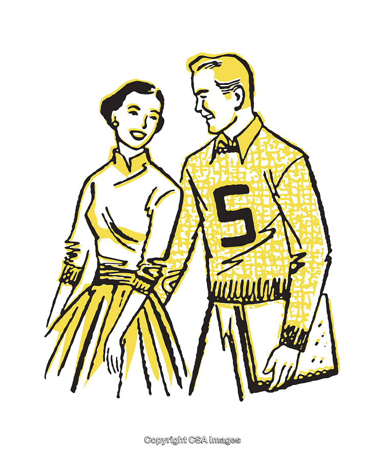 Retro Illustration of College Couple in Cheerful Conversation