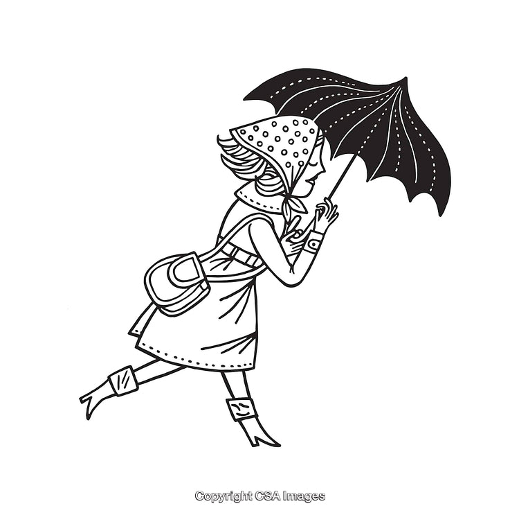 Whimsical Line Art of a Windy Day Woman Holding Umbrella