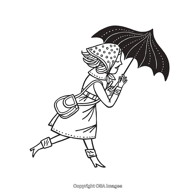 Whimsical Line Art of a Windy Day Woman Holding Umbrella