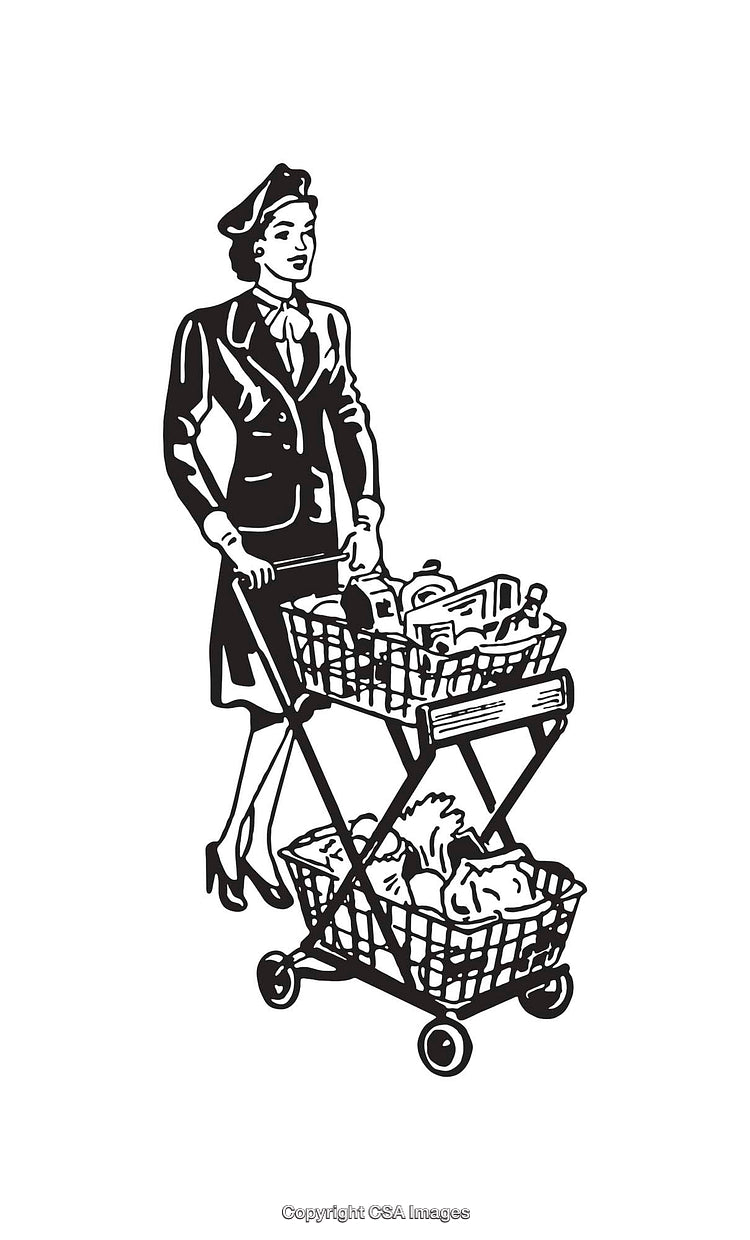 Retro Illustration of Stylish Woman Pushing Double-Tier Shopping Cart with Groceries