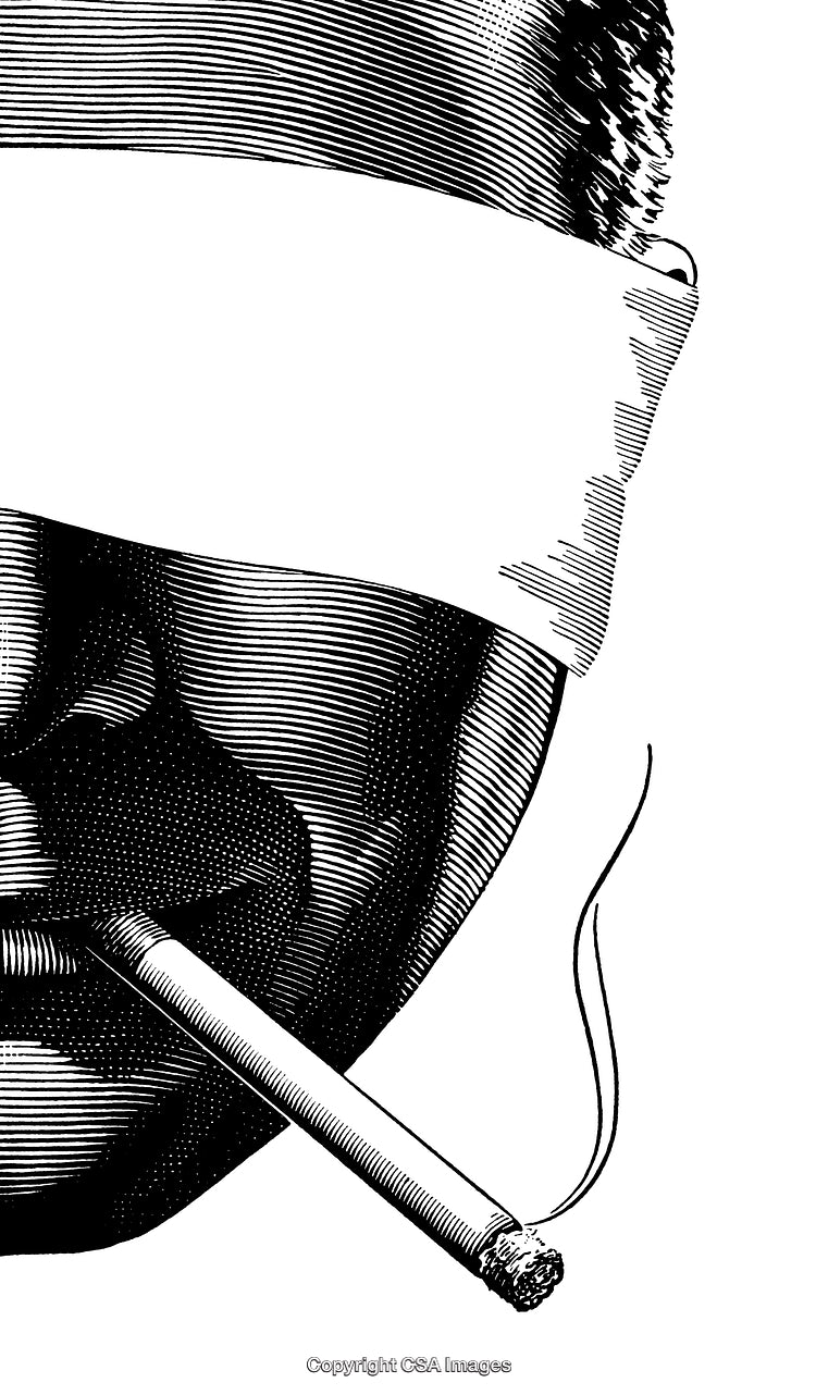 Black And White Engraving of Man Smoking With Blindfold
