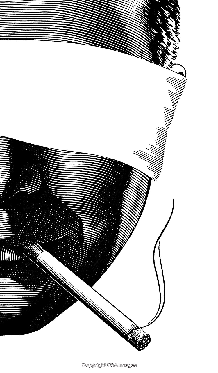 Black And White Engraving of Man Smoking With Blindfold