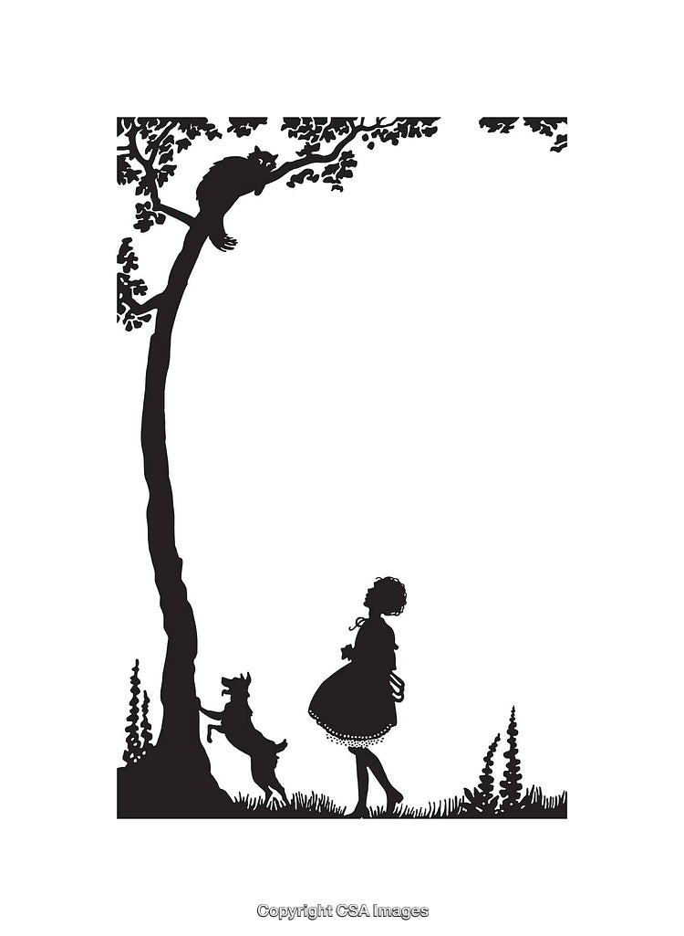 Silhouette Illustration of a Girl, Dog, and Cat in Nature