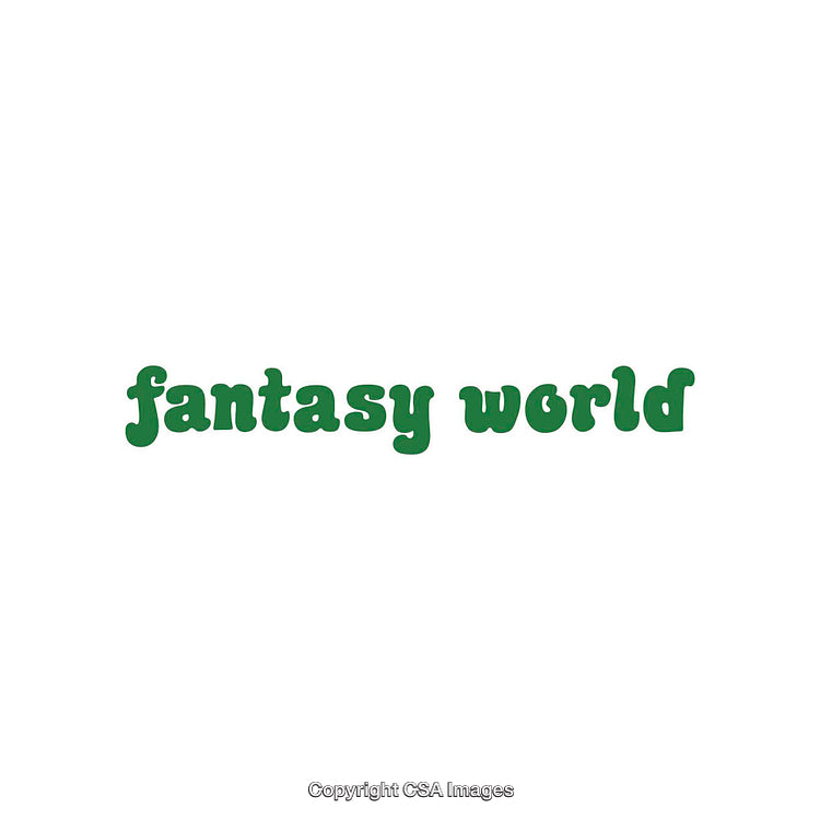 Stylized Green Text Design Featuring 'Fantasy World' With Whimsical Font