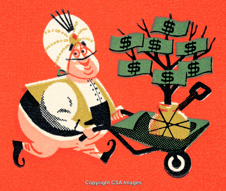 Illustration of a Man Transporting a Money Tree in a Wheelbarrow