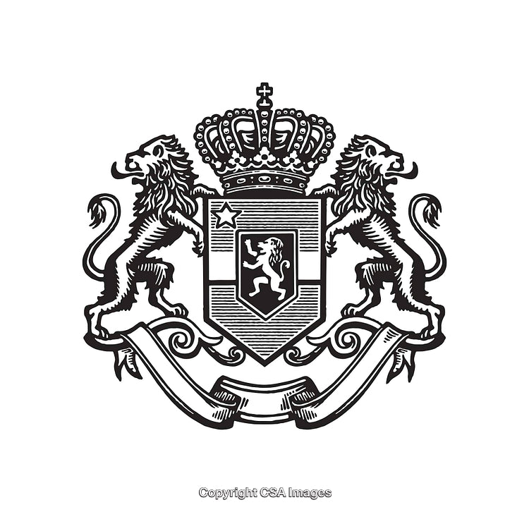 Intricate Black And White Heraldic Line Art Illustration With Lions And Crown