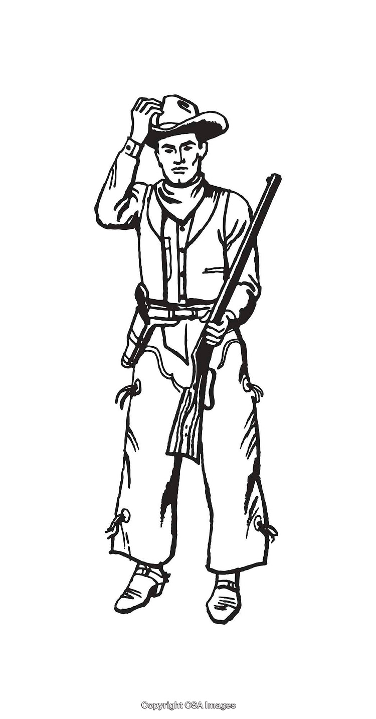 Black And White Line Art of a Cowboy Holding a Rifle in Rural Attire