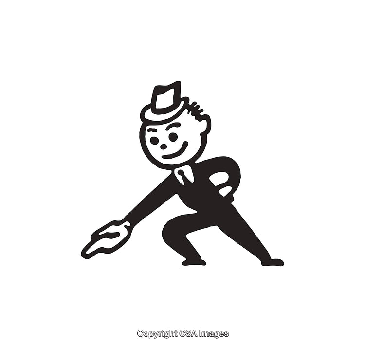 Stylized Black and White Illustration of a Cheerful Businessman in a Hat
