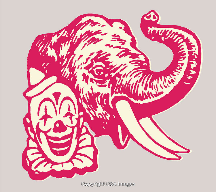 Whimsical Pink Elephant and Smiling Clown Line Art Drawing