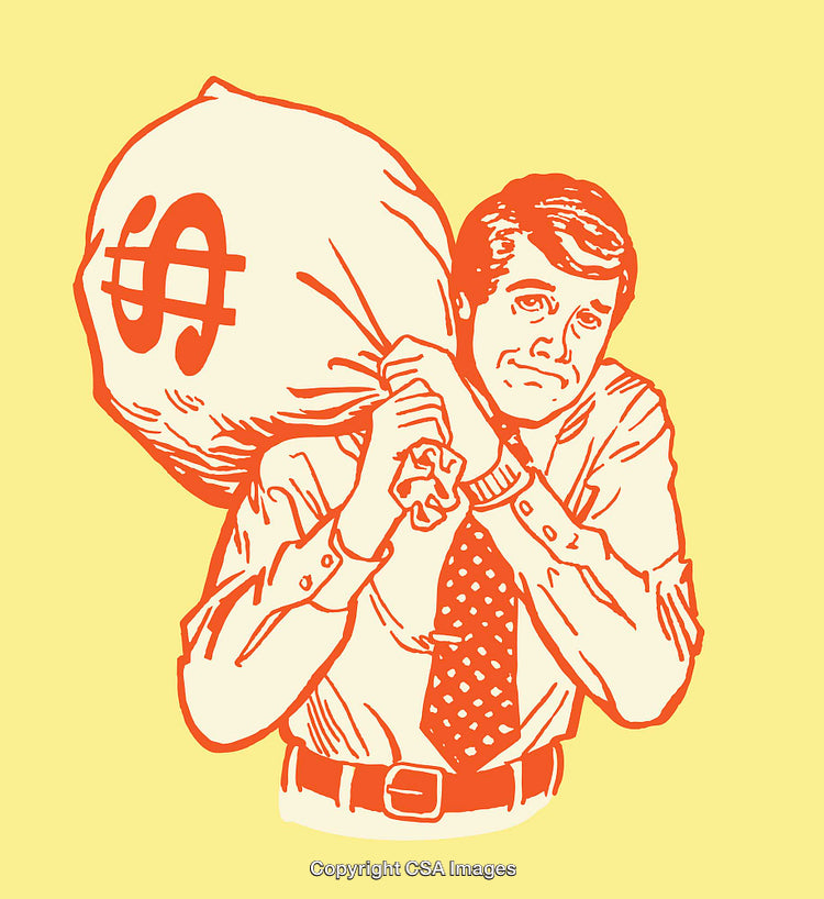 Retro Illustration of a Man Carrying a Money Bag on Yellow