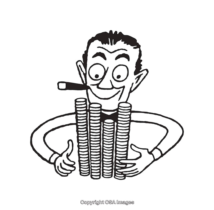 Black and White Cartoon Illustration of Wealth and Prosperity Concept