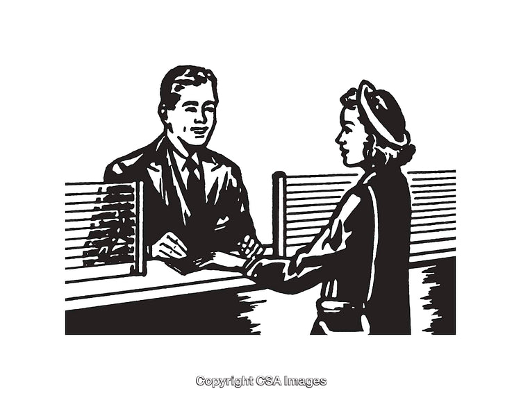 Illustration of a Customer and Bank Teller Exchange in a Retro Style