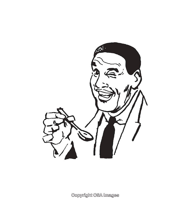 Retro Illustration of a Smiling Man Holding a Spoon in Black and White