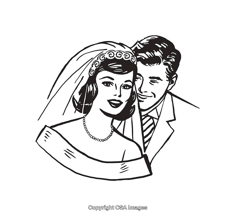 Retro Line Art Illustration of a Smiling Bride and Groom