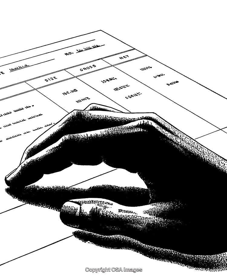 Detailed Black-and-White Engraving of Hands Over Document Table