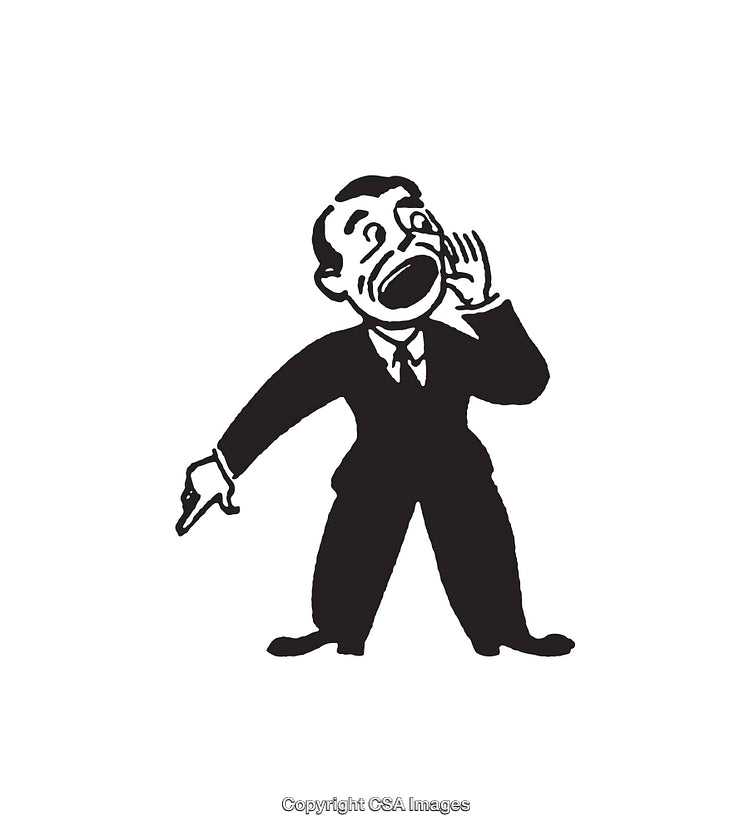 Black-And-White Illustration of a Formal Retro Figure Shouting Aloud