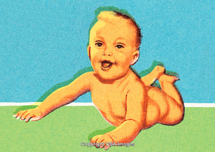 Vintage Illustration of a Happy Baby Crawling on a Colorful Background