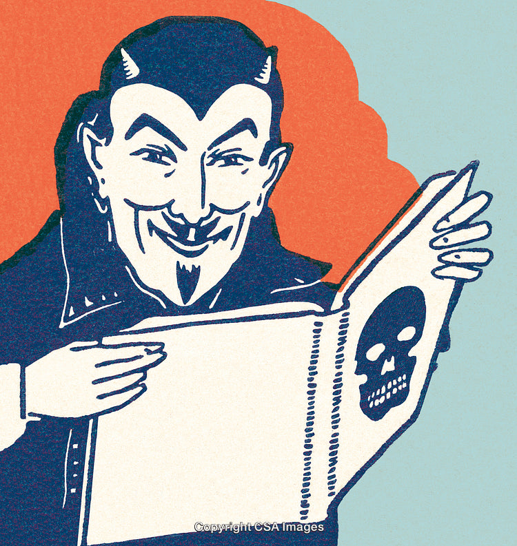 Illustration of a Devil Reading a Skull-Adorned Book Amid Orange and Blue Colors