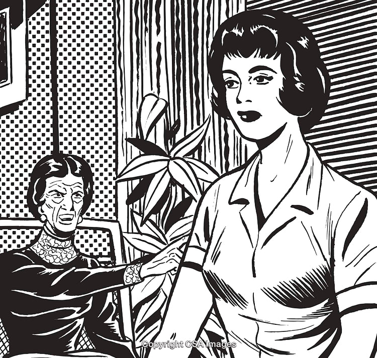Retro Comic Illustration of Two Women Interacting in a Vintage Setting