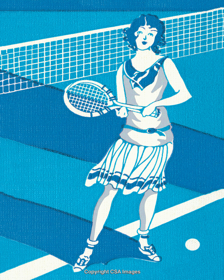 Vintage Illustration of a Woman Playing Tennis on a Blue Court