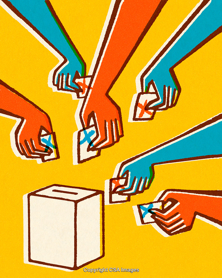 Colorful Illustration of Hands Casting Votes into a Ballot Box