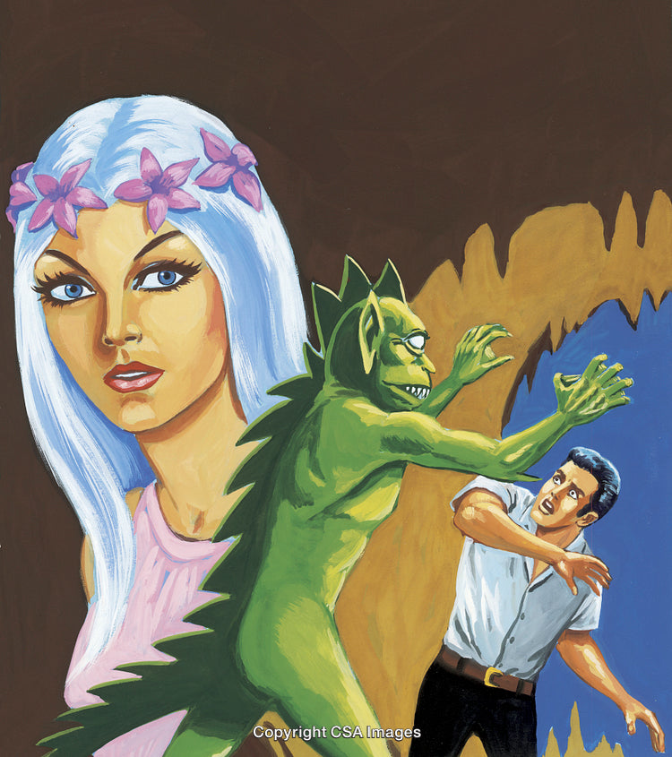 Dramatic Encounter Between a Hero, Mythical Creature, and Mystical Woman