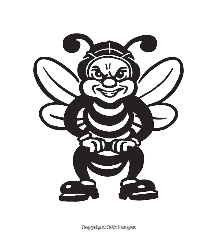 Black and White Illustration of a Cheerful Cartoon Bee in Shoes