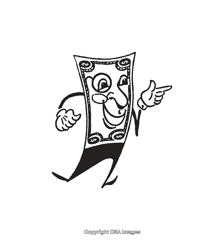 Cartoon Illustration of a Cheerful Money Bill Character Pointing