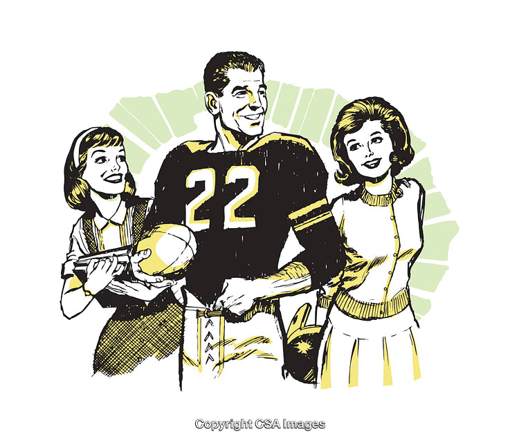 Retro Football Illustration Featuring Athletes and Friends in a Vintage Style