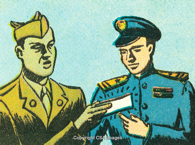 Vintage Comic Illustration of Two Officials Exchanging a Document in Uniform