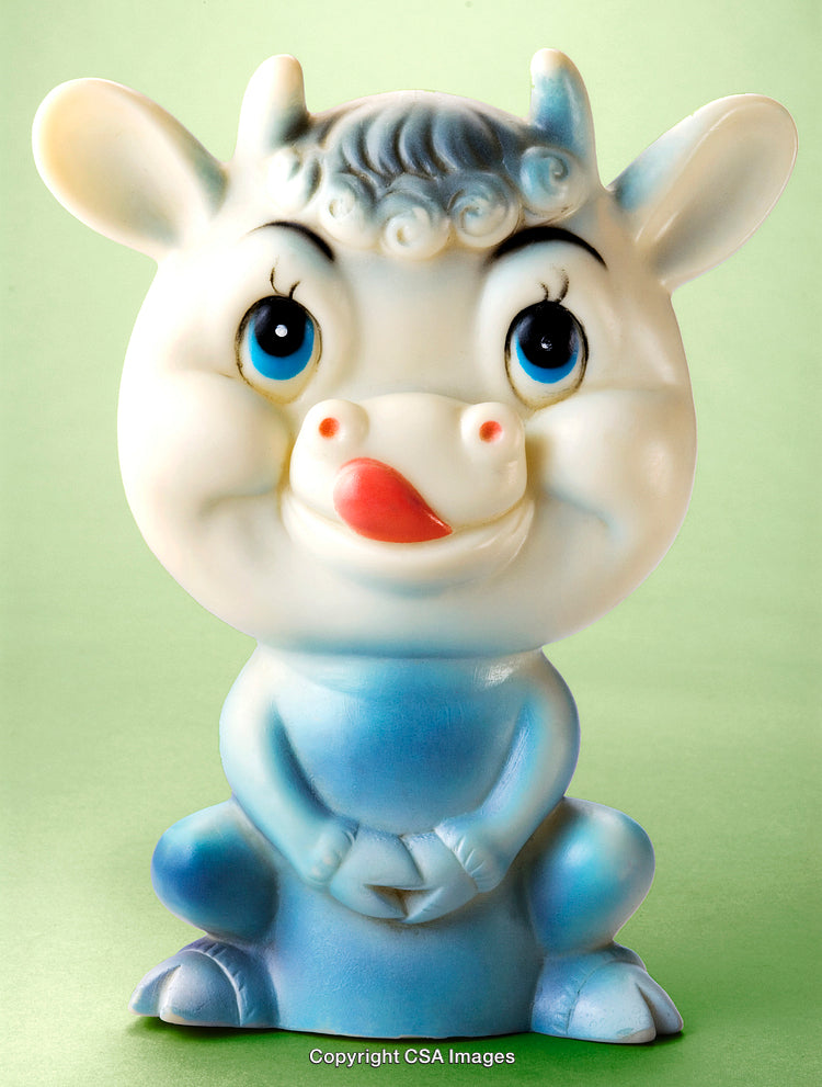 Cute Plastic Figurine of a Smiling Cow with Blue Highlights
