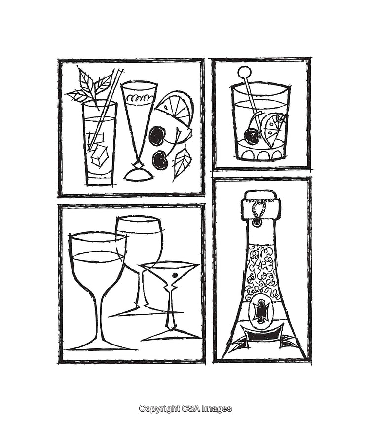 Elegant Black and White Line Art Illustrations of Drinkware and Beverages