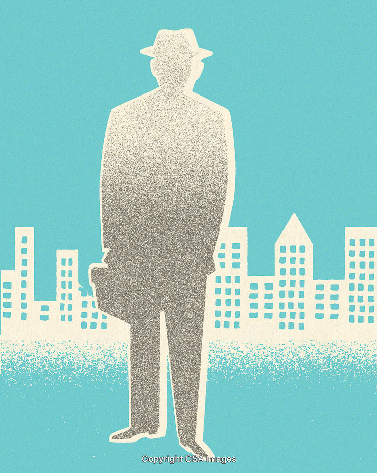 Silhouette of a Businessperson Against an Urban Skyline in Simplistic Design