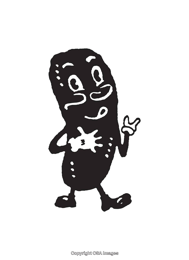 Black-And-White Cartoon Pickle Character with Expressive Face and Hand Gesture