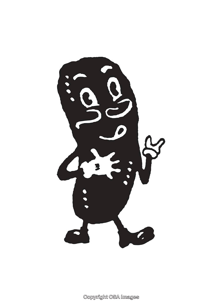 Black-And-White Cartoon Pickle Character with Expressive Face and Hand Gesture