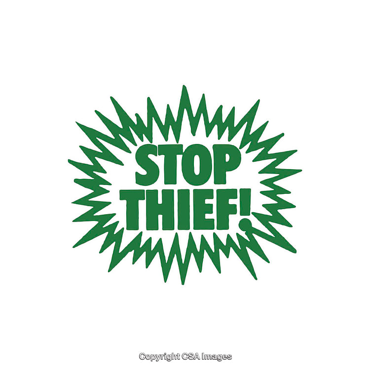 Green Text Graphic with Bold Stop Thief Warning Message